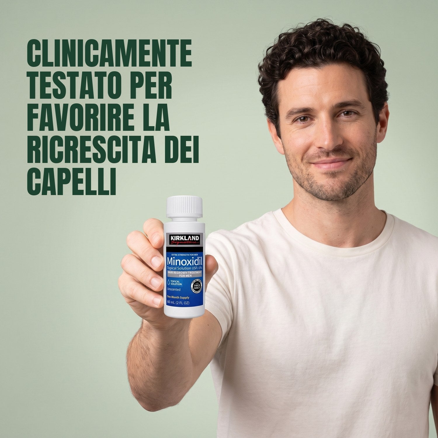 Man holding a Kirkland Signature Minoxidil 5% lotion bottle against a green background