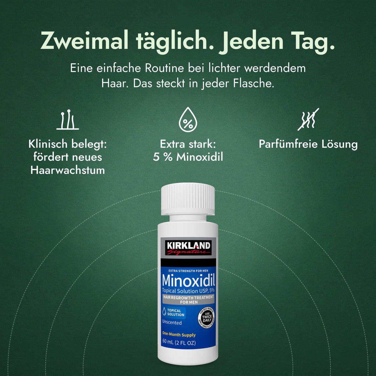 Kirkland Signature Minoxidil 5%: Zweimal täglich. Jeden Tag. Klinisch belegt: fördert neues Haarwachstum, Extra stark: 5 % Minoxidil, Parfümfreie Lösung