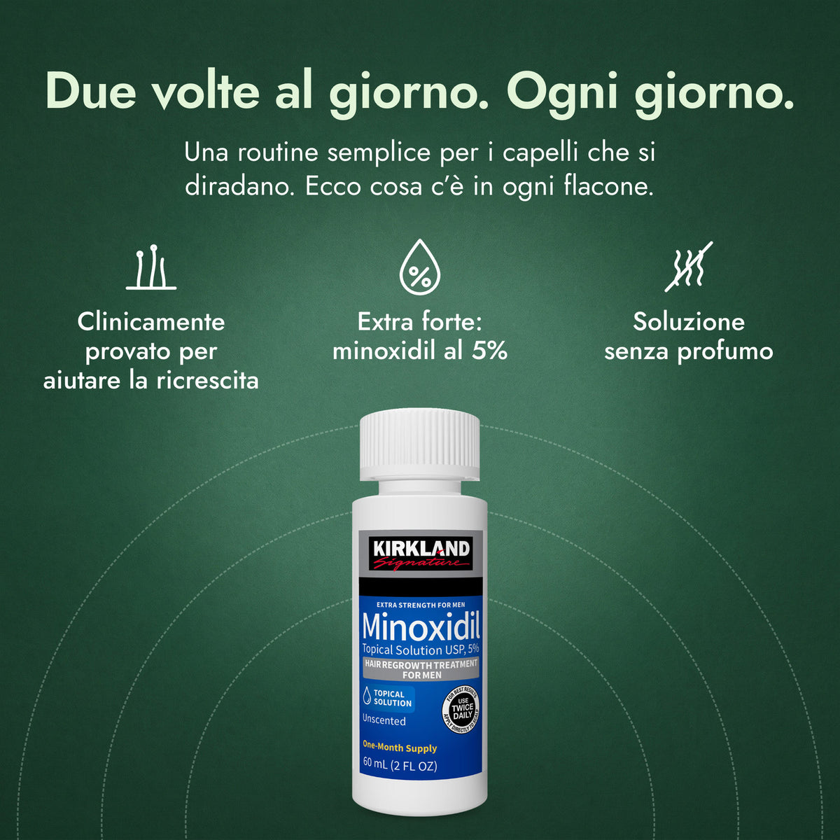 Kirkland Signature Minoxidil 5%: Due volte al giorno. Ogni giorno. Clinicamente provato per aiutare la ricrescita, Extra forte: minoxidil al 5%, Soluzione senza profumo