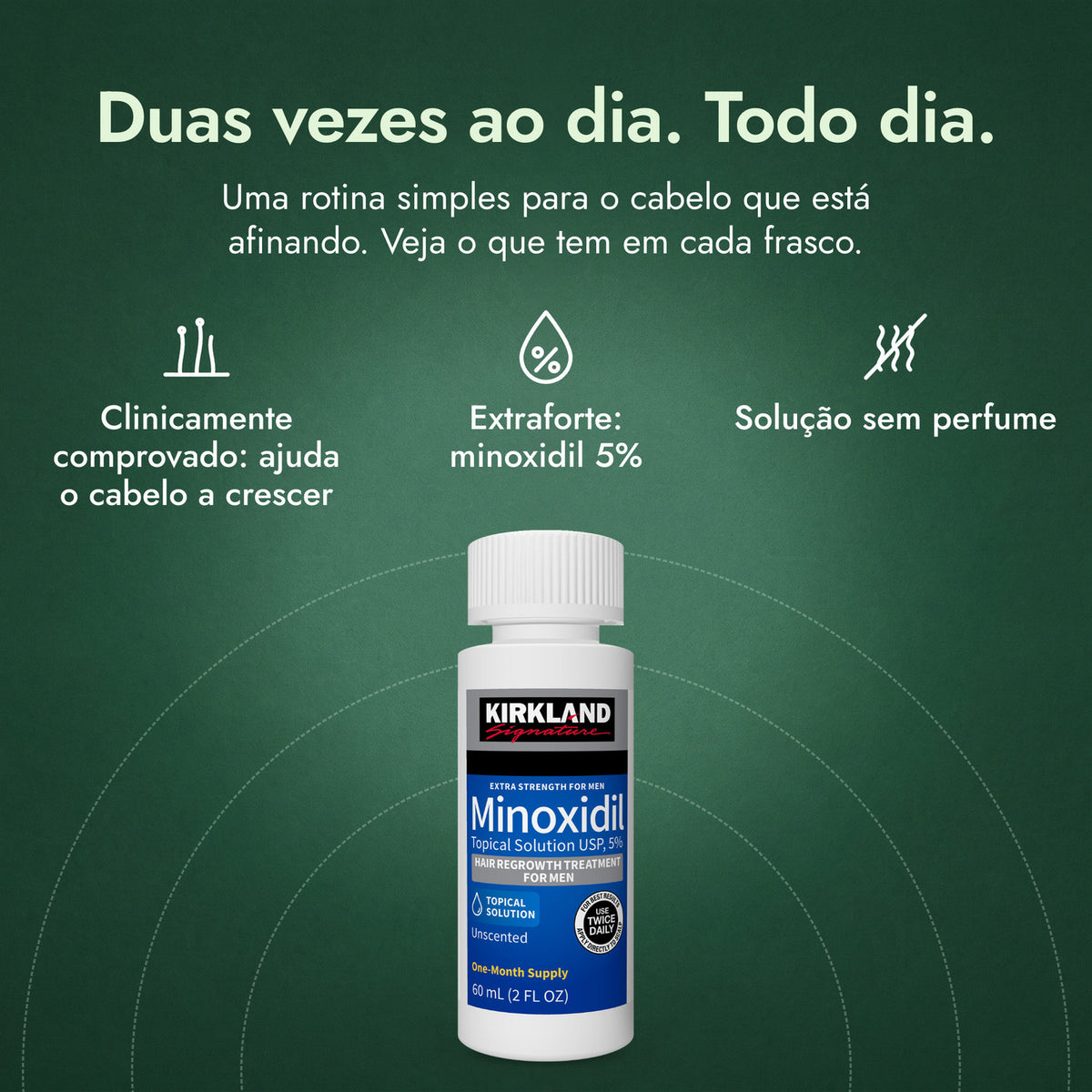 Kirkland Signature Minoxidil 5%: Duas vezes ao dia. Todo dia. Clinicamente comprovado: ajuda o cabelo a crescer, Extraforte: minoxidil 5%, Solução sem perfume