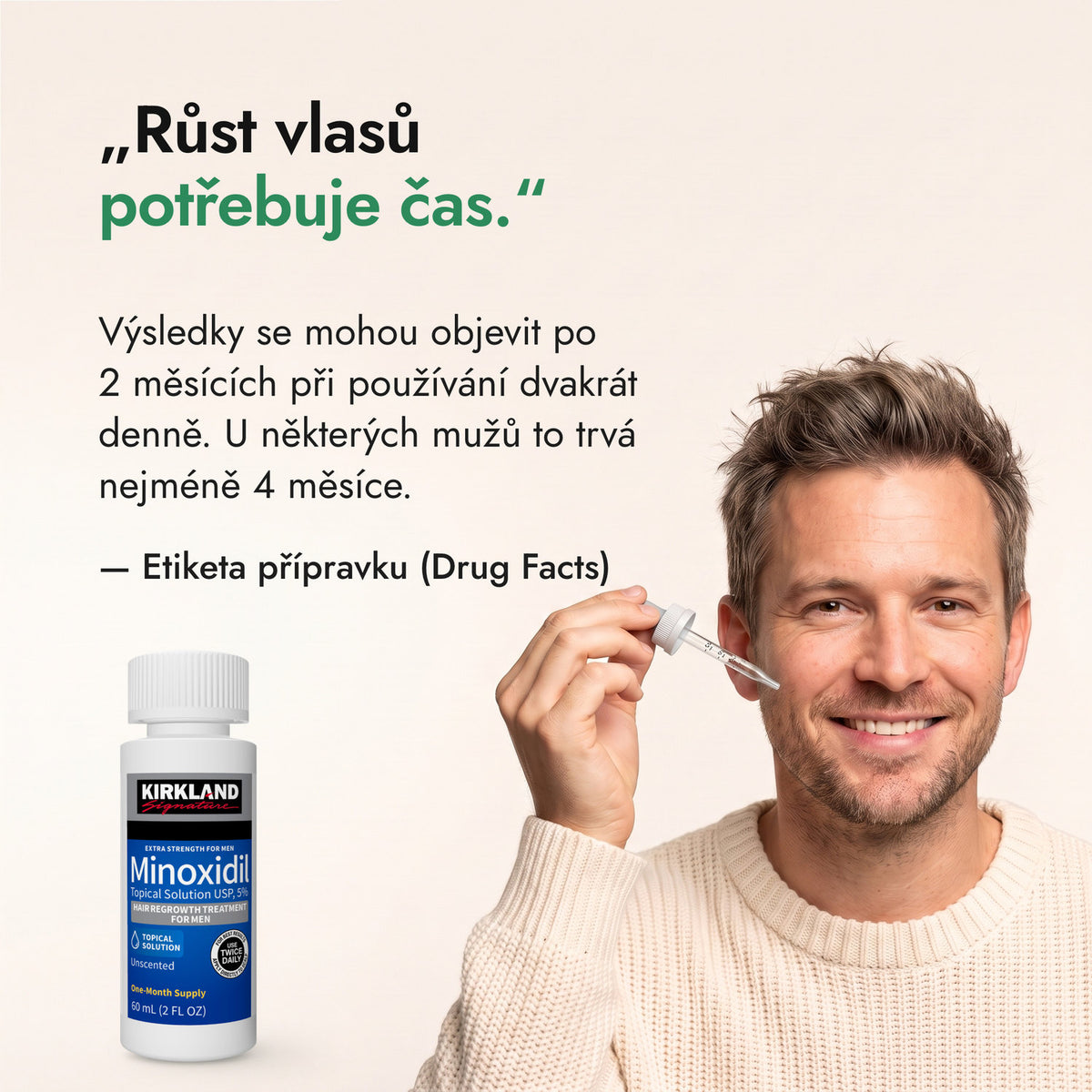 Růst vlasů potřebuje čas. — Etiketa přípravku (Drug Facts)
