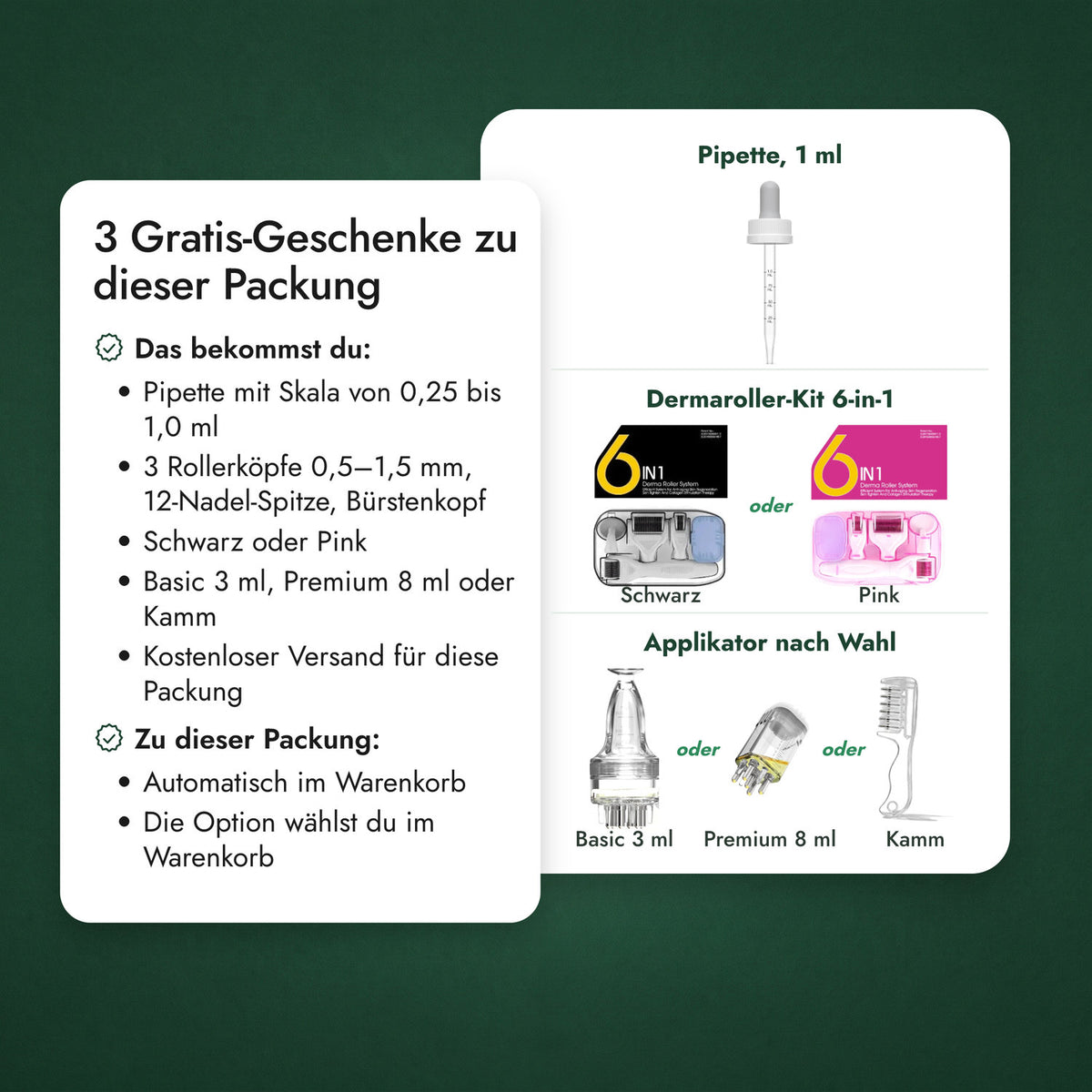 3 Gratis-Geschenke zu dieser Packung: Pipette, 1 ml, Dermaroller-Kit 6-in-1, Applikator nach Wahl