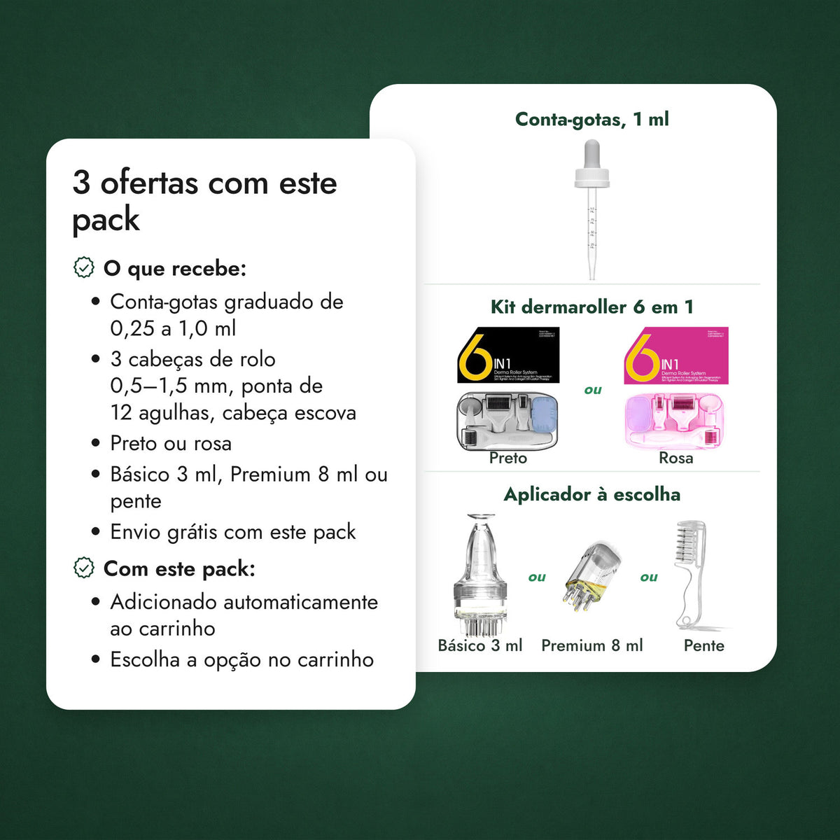 3 ofertas com este pack: Conta-gotas, 1 ml, Kit dermaroller 6 em 1, Aplicador à escolha