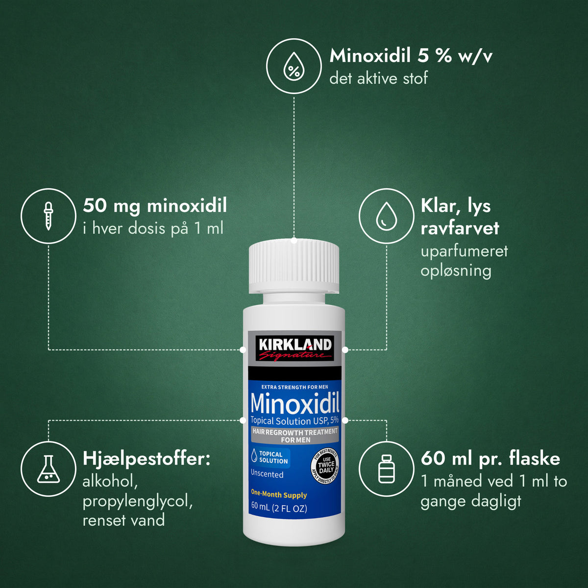 Kirkland Signature Minoxidil 5%: Minoxidil 5 % w/v, 50 mg minoxidil, Klar, lys ravfarvet, Hjælpestoffer: alkohol, propylenglycol, renset vand, 60 ml pr. flaske