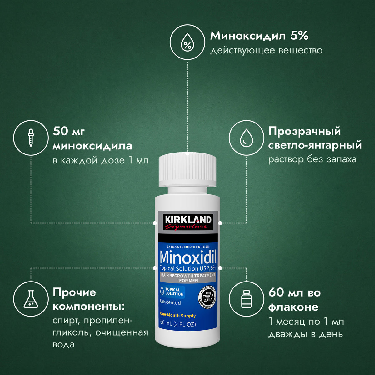 Kirkland Signature Minoxidil 5%: Миноксидил 5%, 50 мг миноксидила, Прозрачный светло-янтарный, Прочие компоненты: спирт, пропиленгликоль, очищенная вода, 60 мл во флаконе