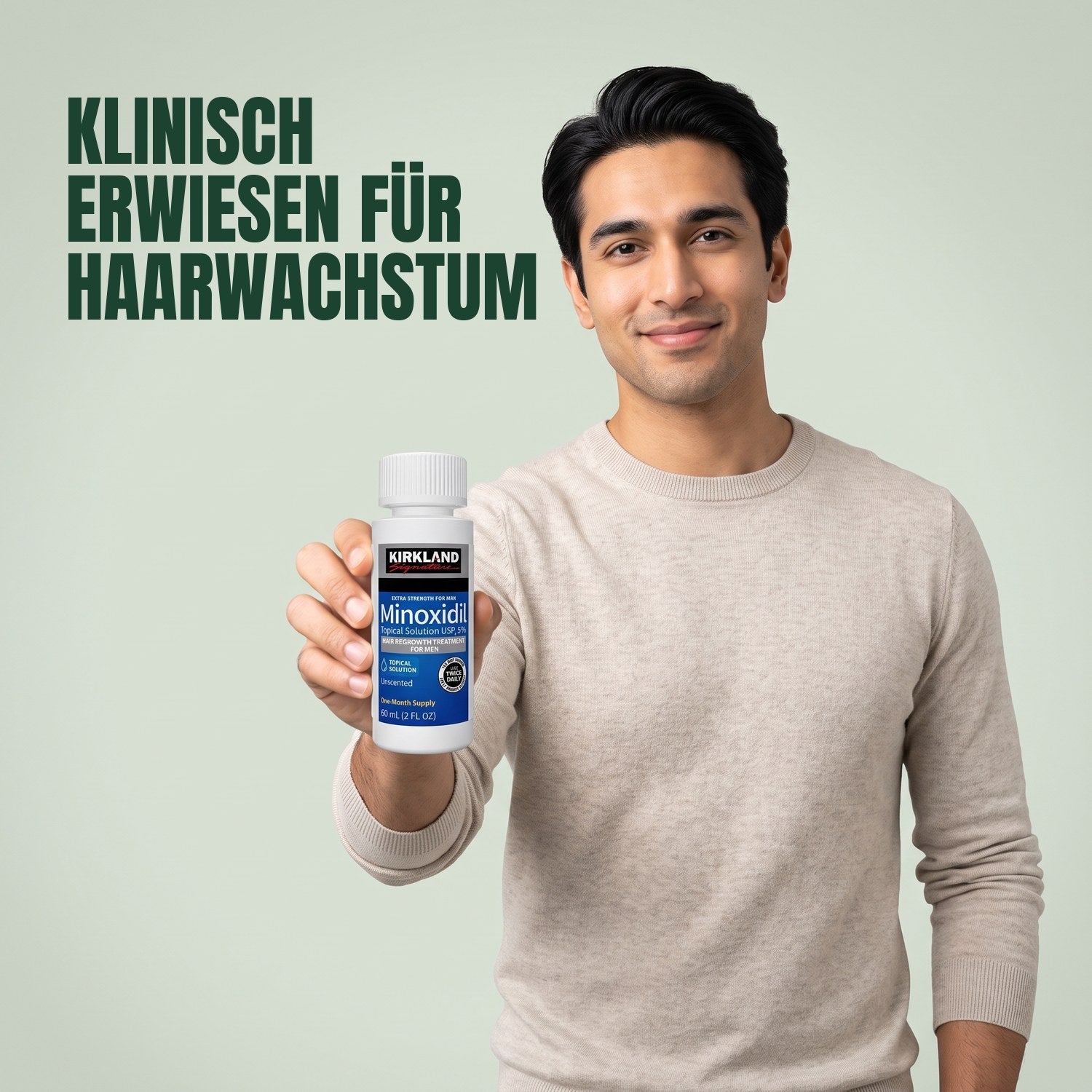 Man holding a Kirkland Signature Minoxidil 5% lotion bottle against a green background
