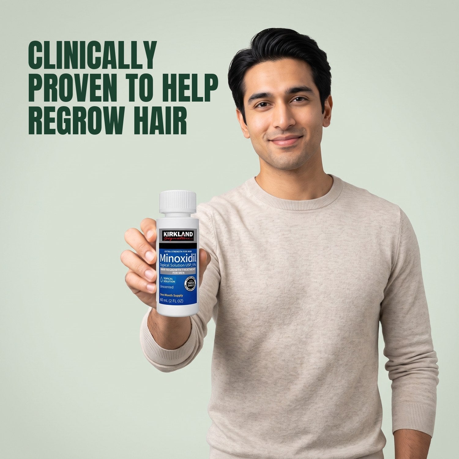 Man holding a Kirkland Signature Minoxidil 5% lotion bottle against a green background