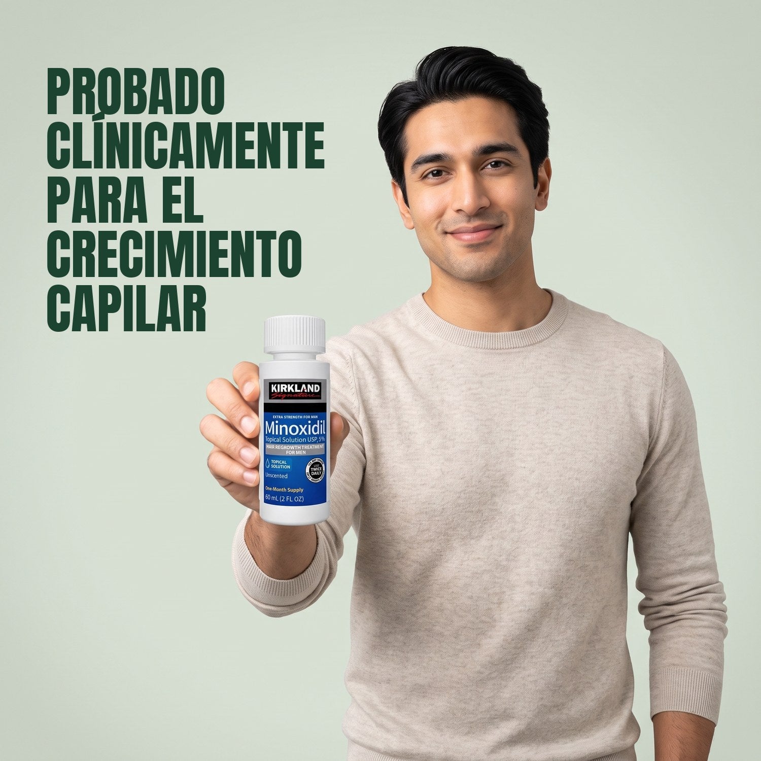 Man holding a Kirkland Signature Minoxidil 5% lotion bottle against a green background