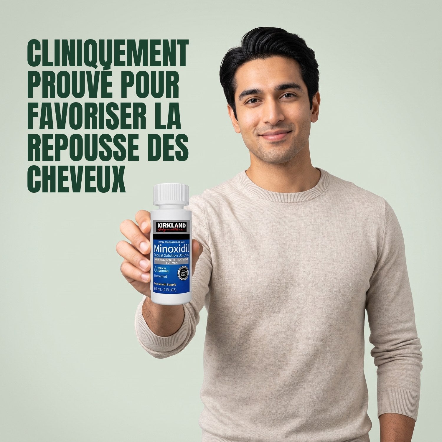 Man holding a Kirkland Signature Minoxidil 5% lotion bottle against a green background