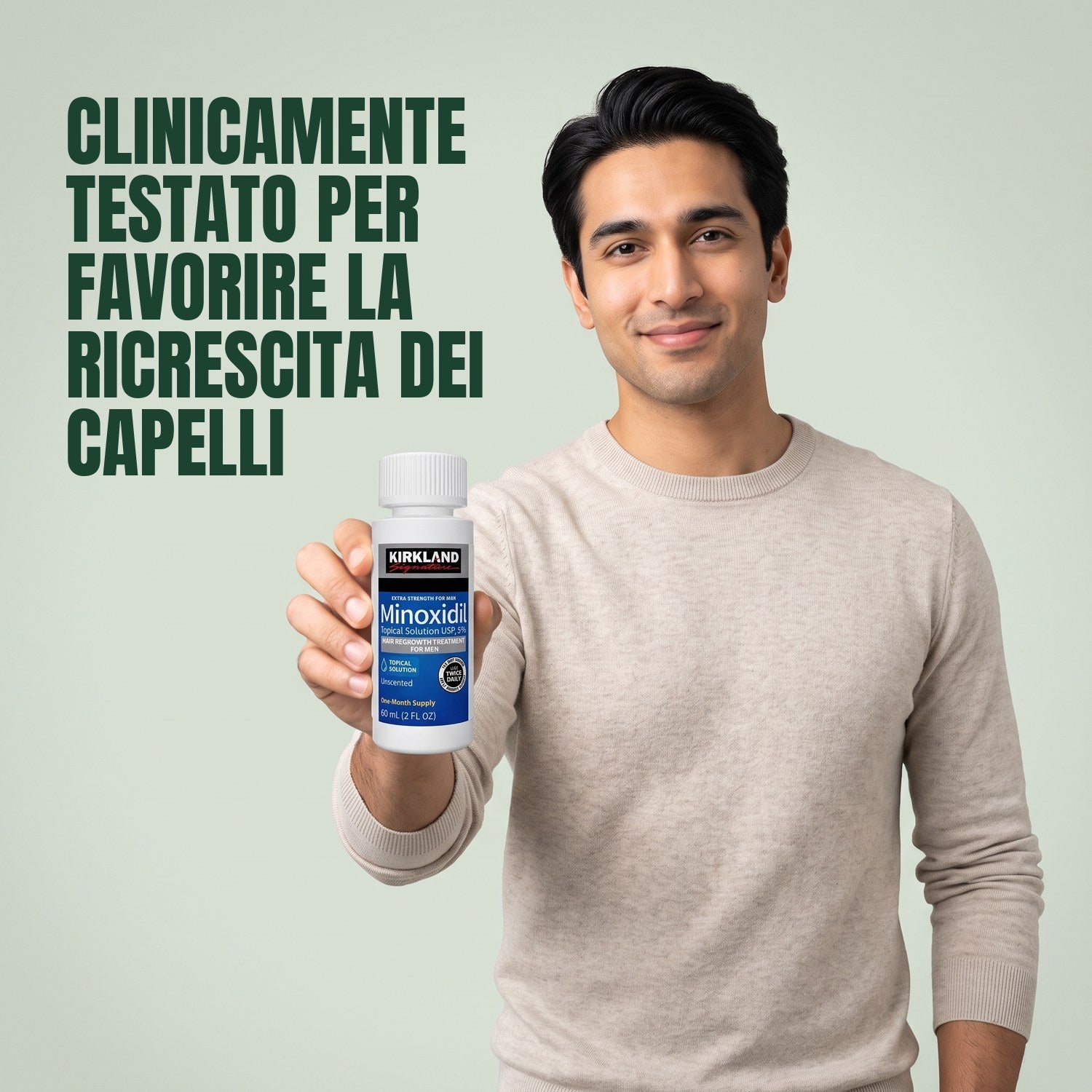 Man holding a Kirkland Signature Minoxidil 5% lotion bottle against a green background