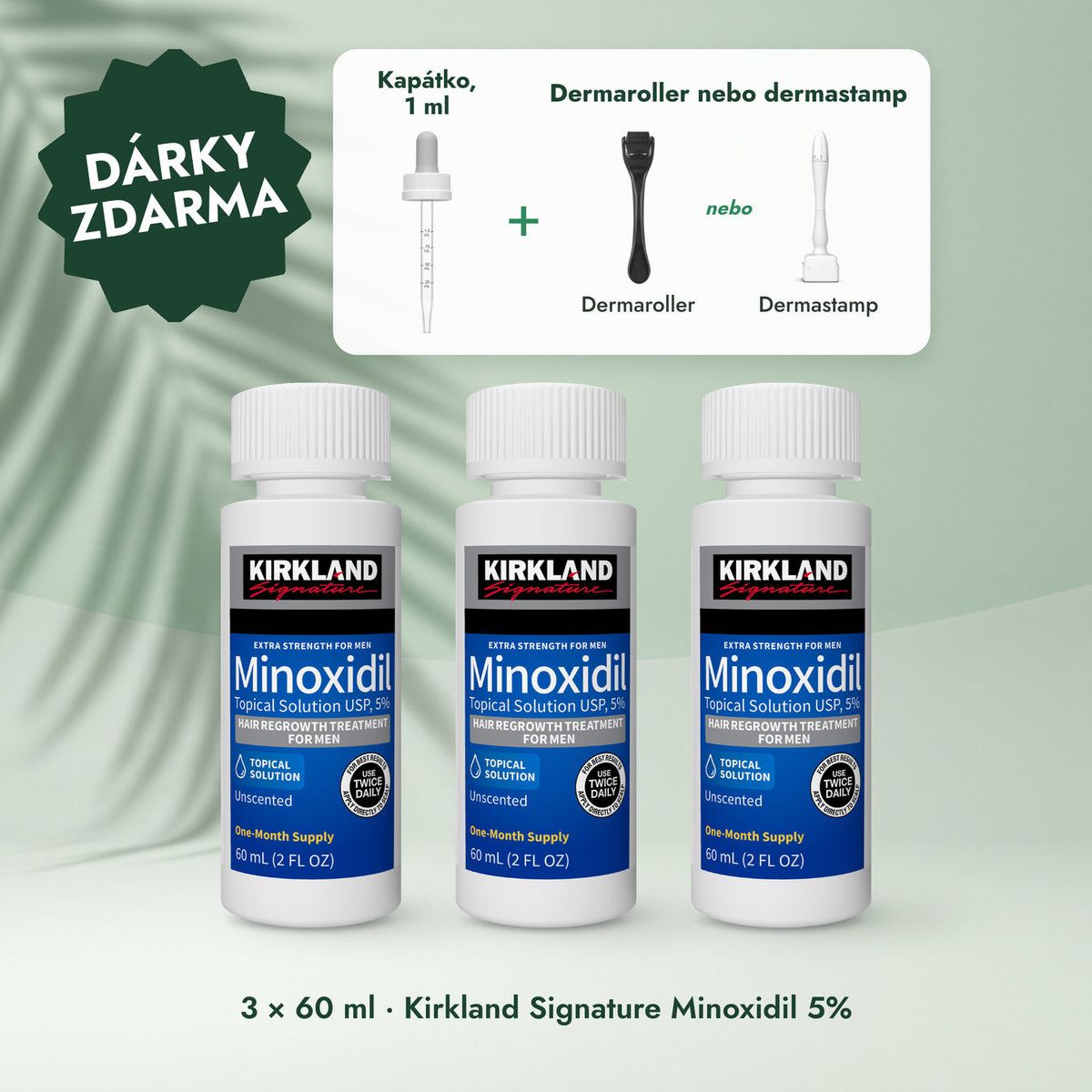 3 × 60 ml · Kirkland Signature Minoxidil 5%: Kapátko, 1 ml, Dermaroller nebo dermastamp