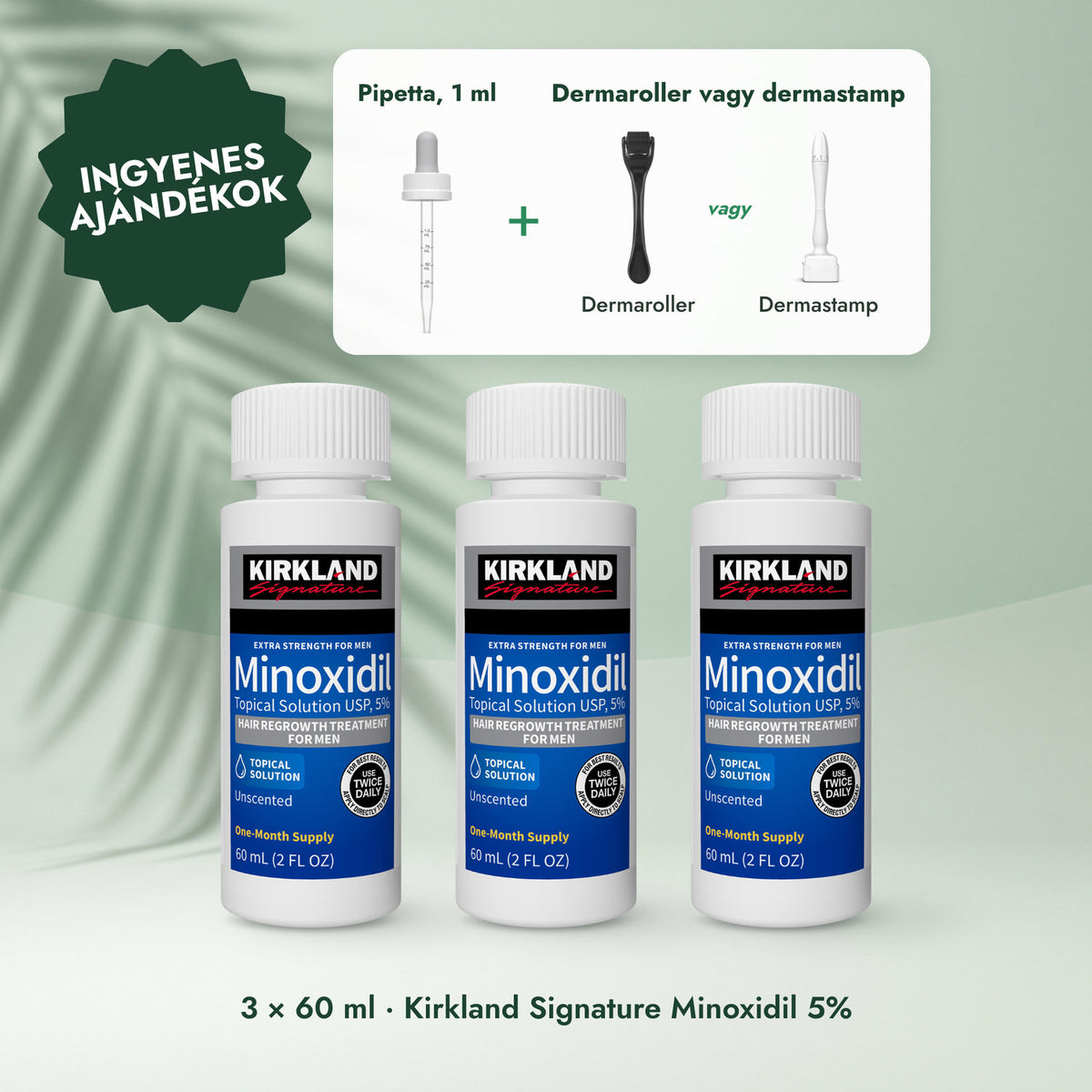 3 × 60 ml · Kirkland Signature Minoxidil 5%: Pipetta, 1 ml, Dermaroller vagy dermastamp
