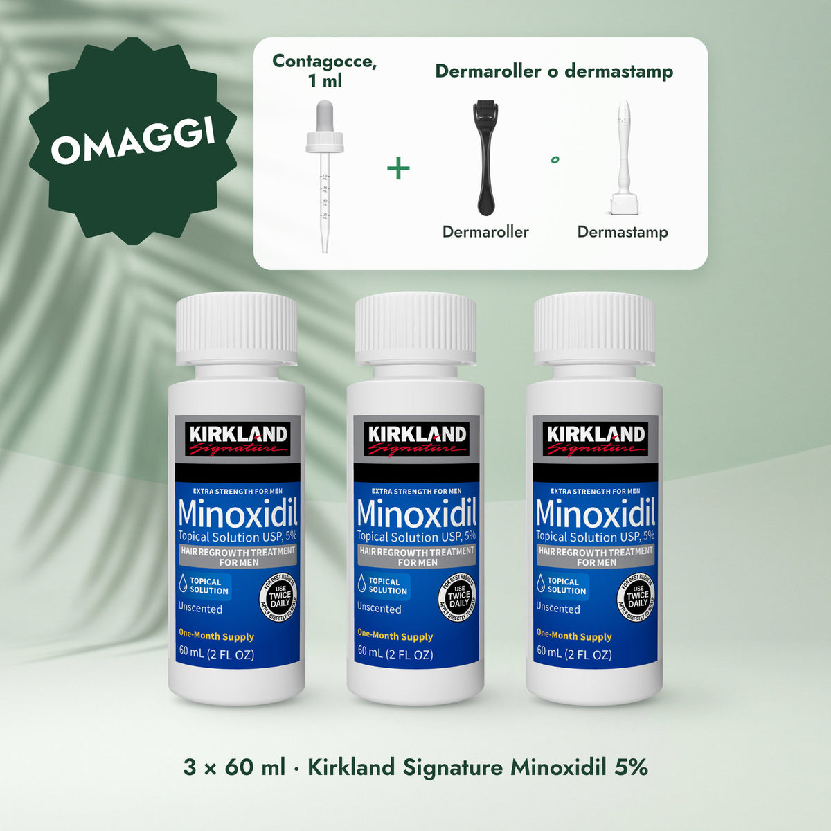 3 × 60 ml · Kirkland Signature Minoxidil 5%: Contagocce, 1 ml, Dermaroller o dermastamp