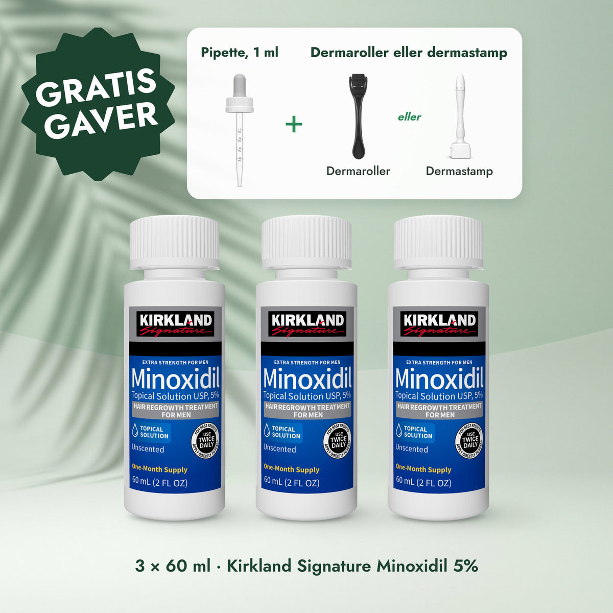3 × 60 ml · Kirkland Signature Minoxidil 5%: Pipette, 1 ml, Dermaroller eller dermastamp