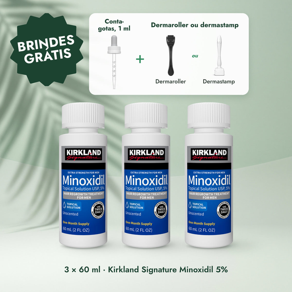3 × 60 ml · Kirkland Signature Minoxidil 5%: Conta-gotas, 1 ml, Dermaroller ou dermastamp