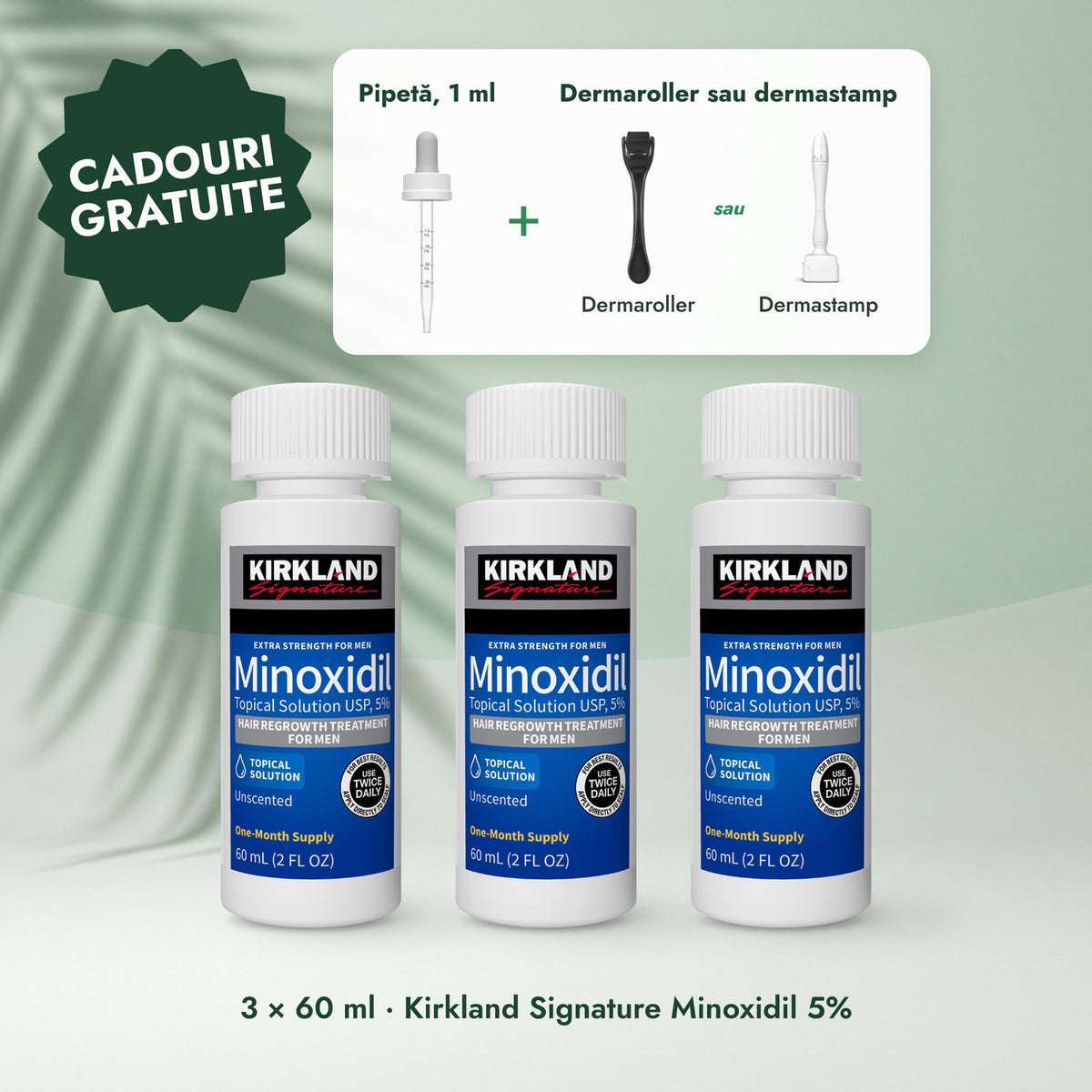 3 × 60 ml · Kirkland Signature Minoxidil 5%: Pipetă, 1 ml, Dermaroller sau dermastamp