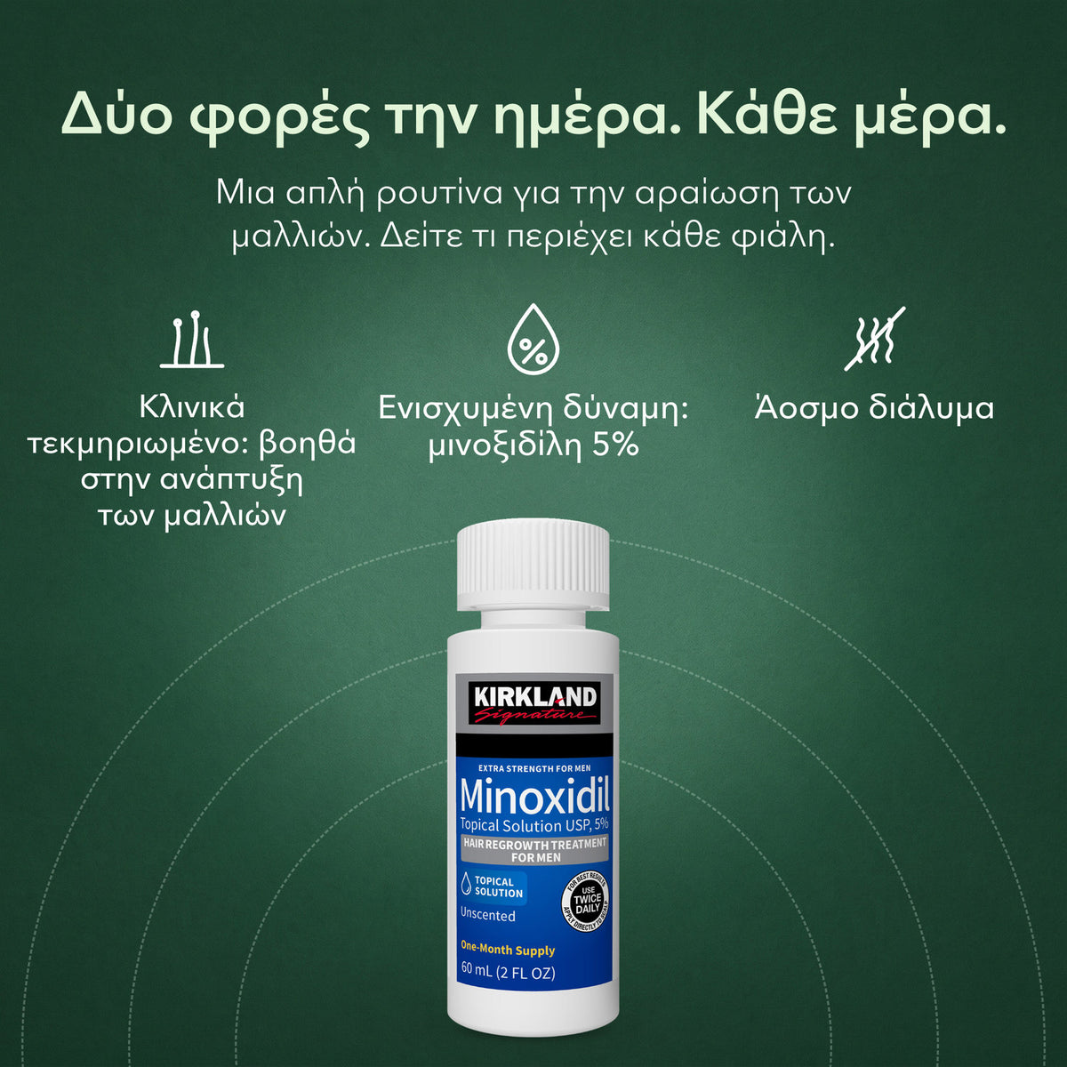 Kirkland Signature Minoxidil 5%: Δύο φορές την ημέρα. Κάθε μέρα. Κλινικά τεκμηριωμένο: βοηθά στην ανάπτυξη των μαλλιών, Ενισχυμένη δύναμη: μινοξιδίλη 5%, Άοσμο διάλυμα
