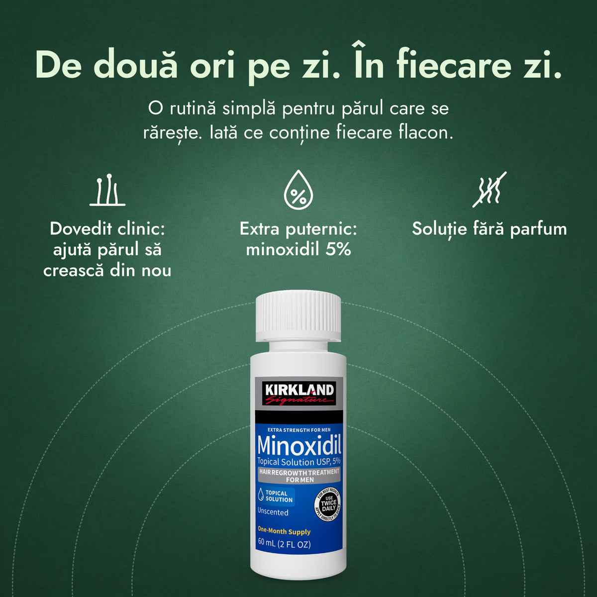 Kirkland Signature Minoxidil 5%: De două ori pe zi. În fiecare zi. Dovedit clinic: ajută părul să crească din nou, Extra puternic: minoxidil 5%, Soluție fără parfum