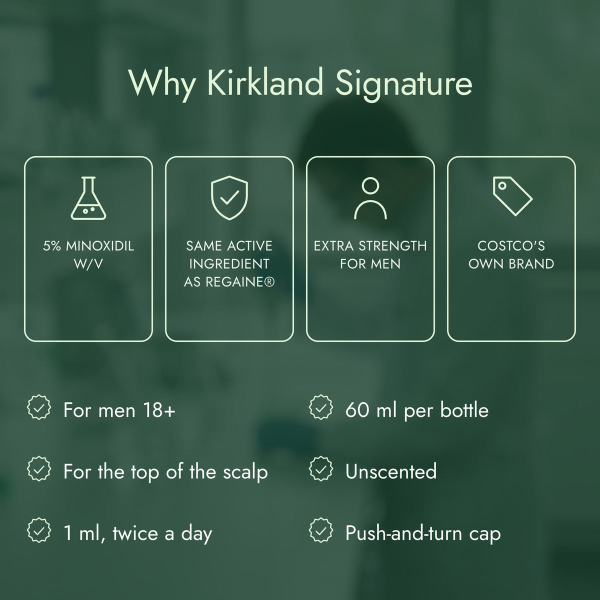Why Kirkland Signature Minoxidil 5% lotion for men: 5% minoxidil, same active ingredient as Regaine, for men 18+, for the top of the scalp