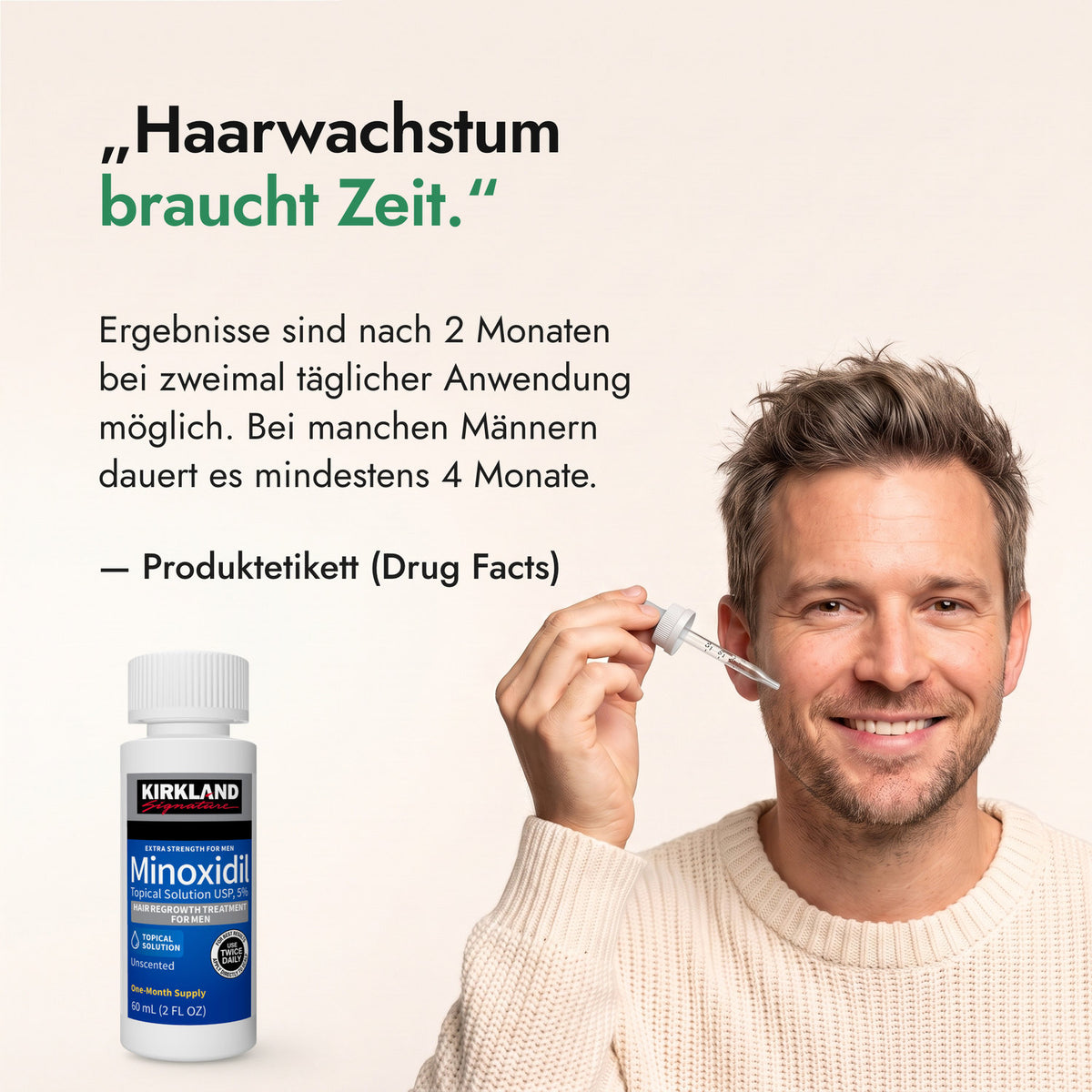 Haarwachstum braucht Zeit. — Produktetikett (Drug Facts)