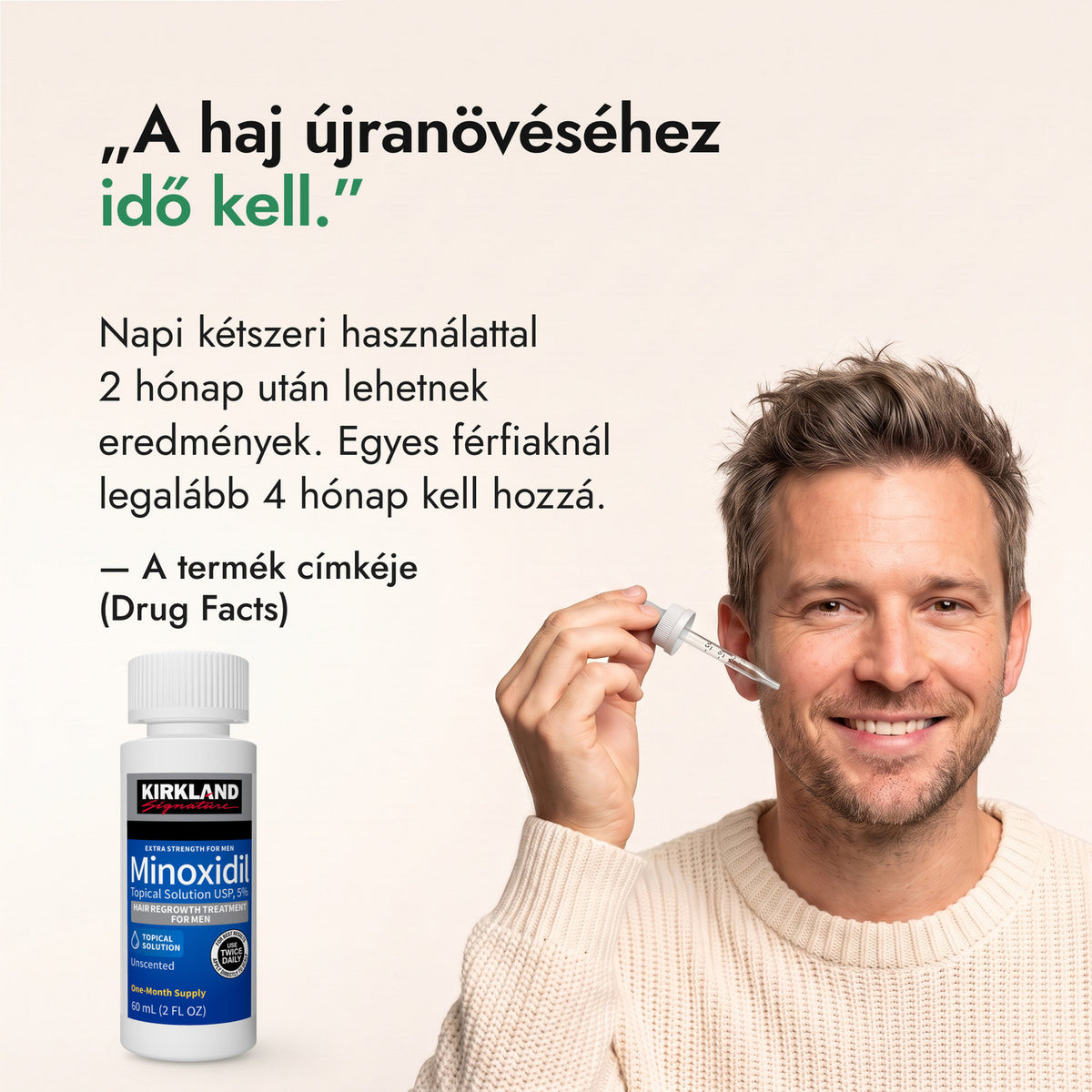 A haj újranövéséhez idő kell. — A termék címkéje (Drug Facts)