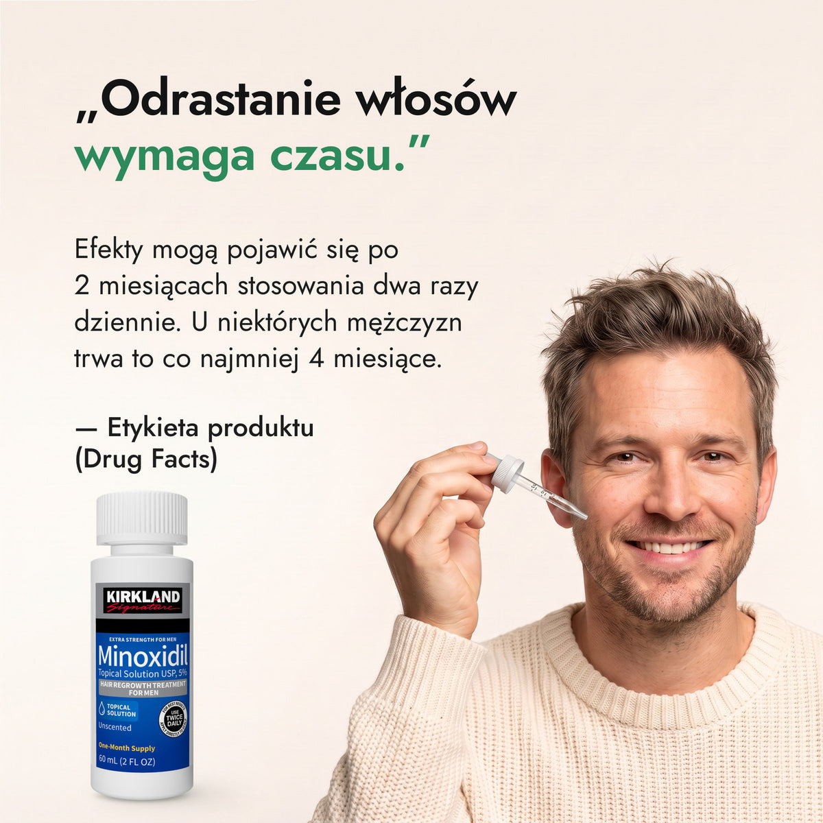Odrastanie włosów wymaga czasu. — Etykieta produktu (Drug Facts)