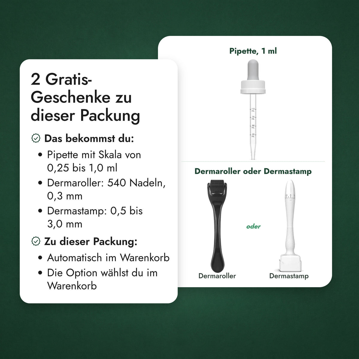 2 Gratis-Geschenke zu dieser Packung: Pipette, 1 ml, Dermaroller oder Dermastamp