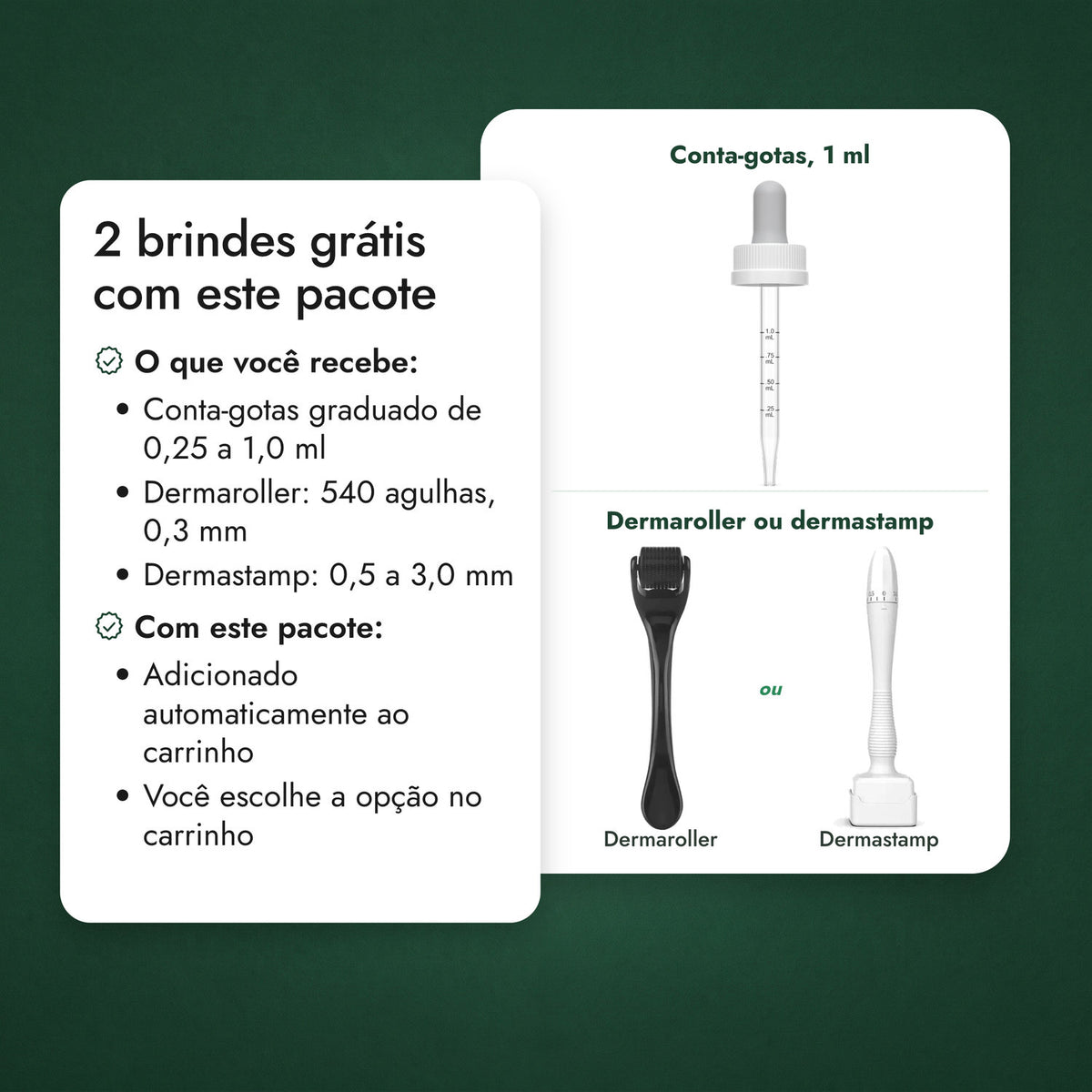 2 brindes grátis com este pacote: Conta-gotas, 1 ml, Dermaroller ou dermastamp