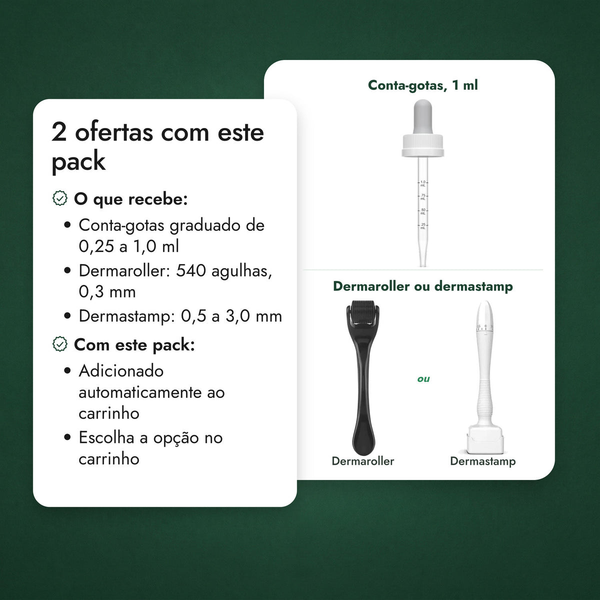 2 ofertas com este pack: Conta-gotas, 1 ml, Dermaroller ou dermastamp