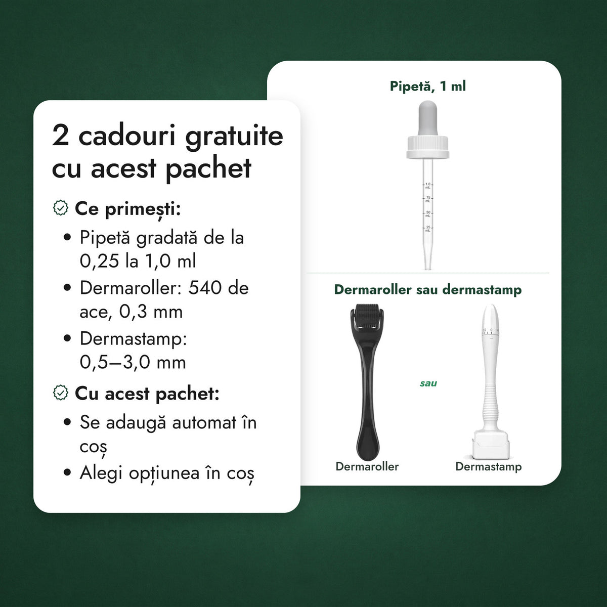2 cadouri gratuite cu acest pachet: Pipetă, 1 ml, Dermaroller sau dermastamp