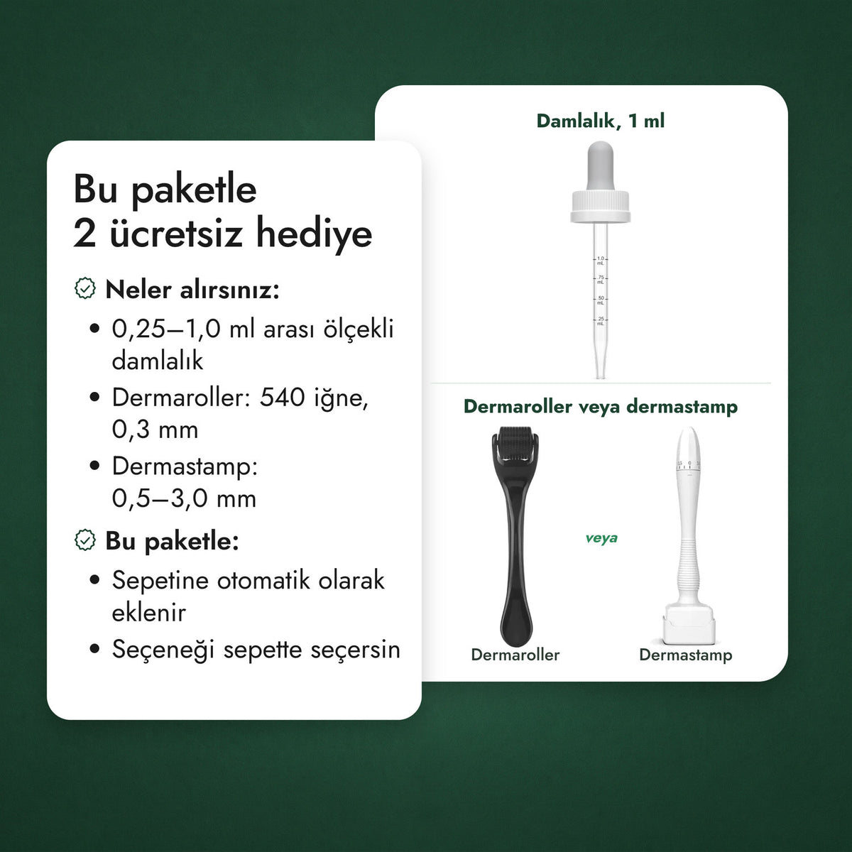 Bu paketle 2 ücretsiz hediye: Damlalık, 1 ml, Dermaroller veya dermastamp