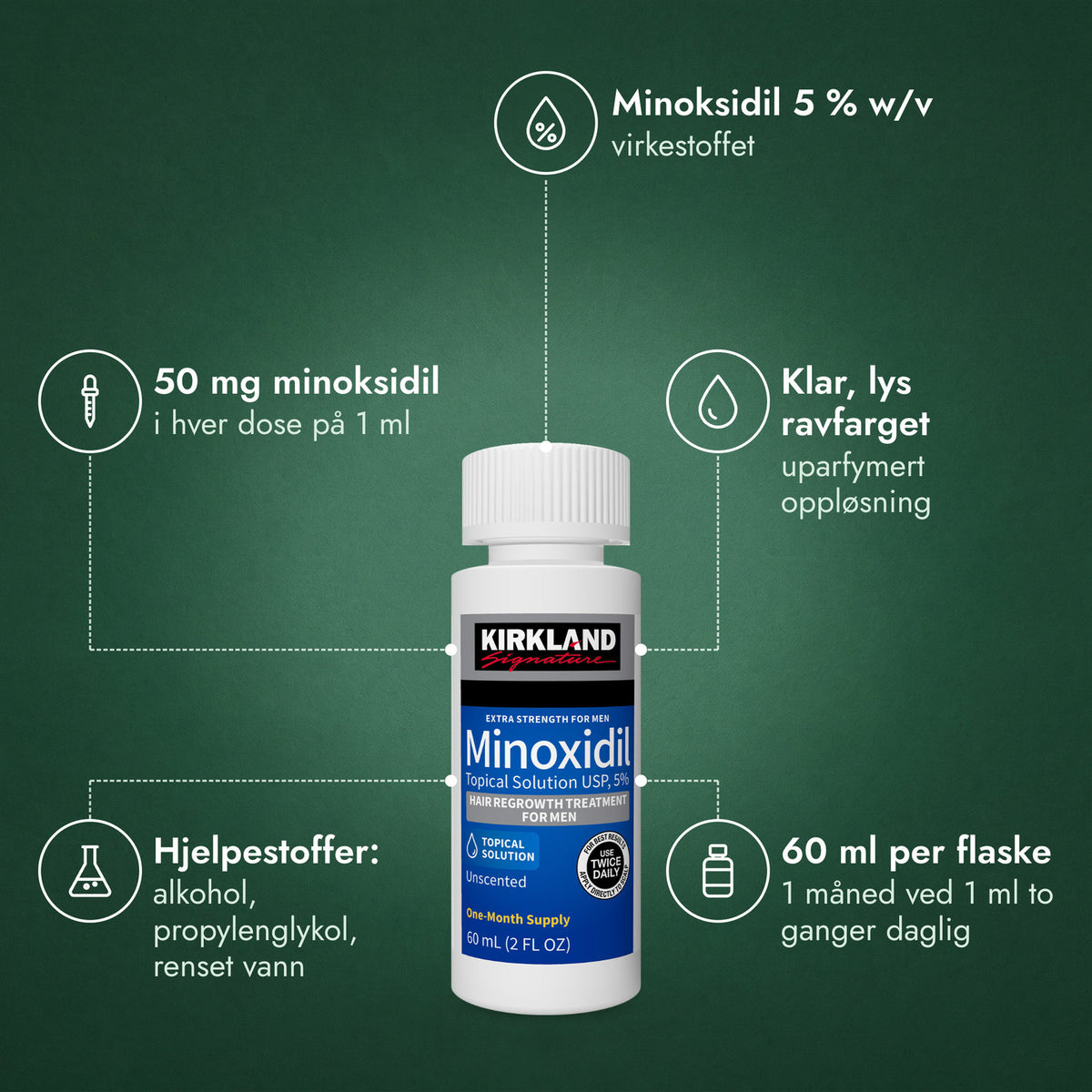 Kirkland Signature Minoxidil 5%: Minoksidil 5 % w/v, 50 mg minoksidil, Klar, lys ravfarget, Hjelpestoffer: alkohol, propylenglykol, renset vann, 60 ml per flaske