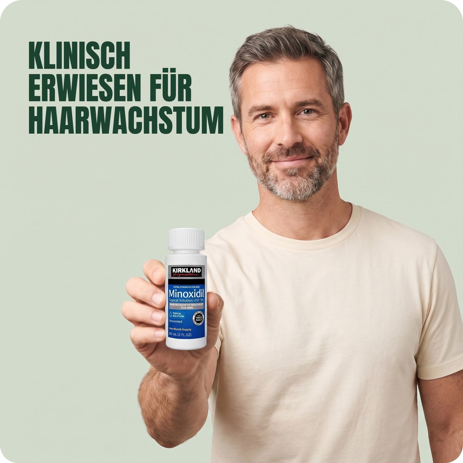 Man holding a Kirkland Signature Minoxidil 5% lotion bottle against a green background