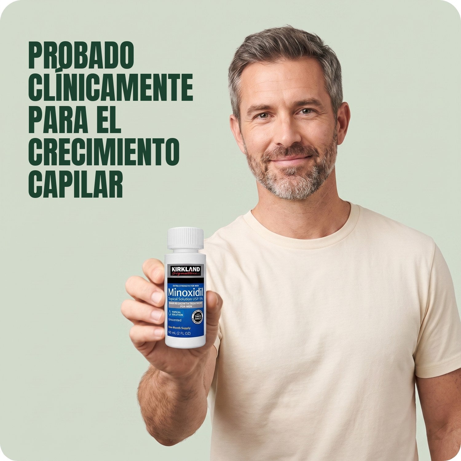 Man holding a Kirkland Signature Minoxidil 5% lotion bottle against a green background