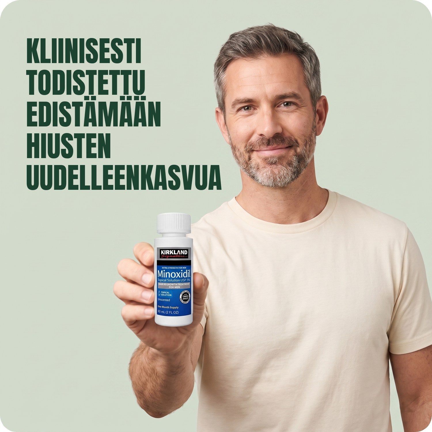 Mies pitelee Kirkland Signature Minoxidil 5% -liuospulloa vihreää taustaa vasten