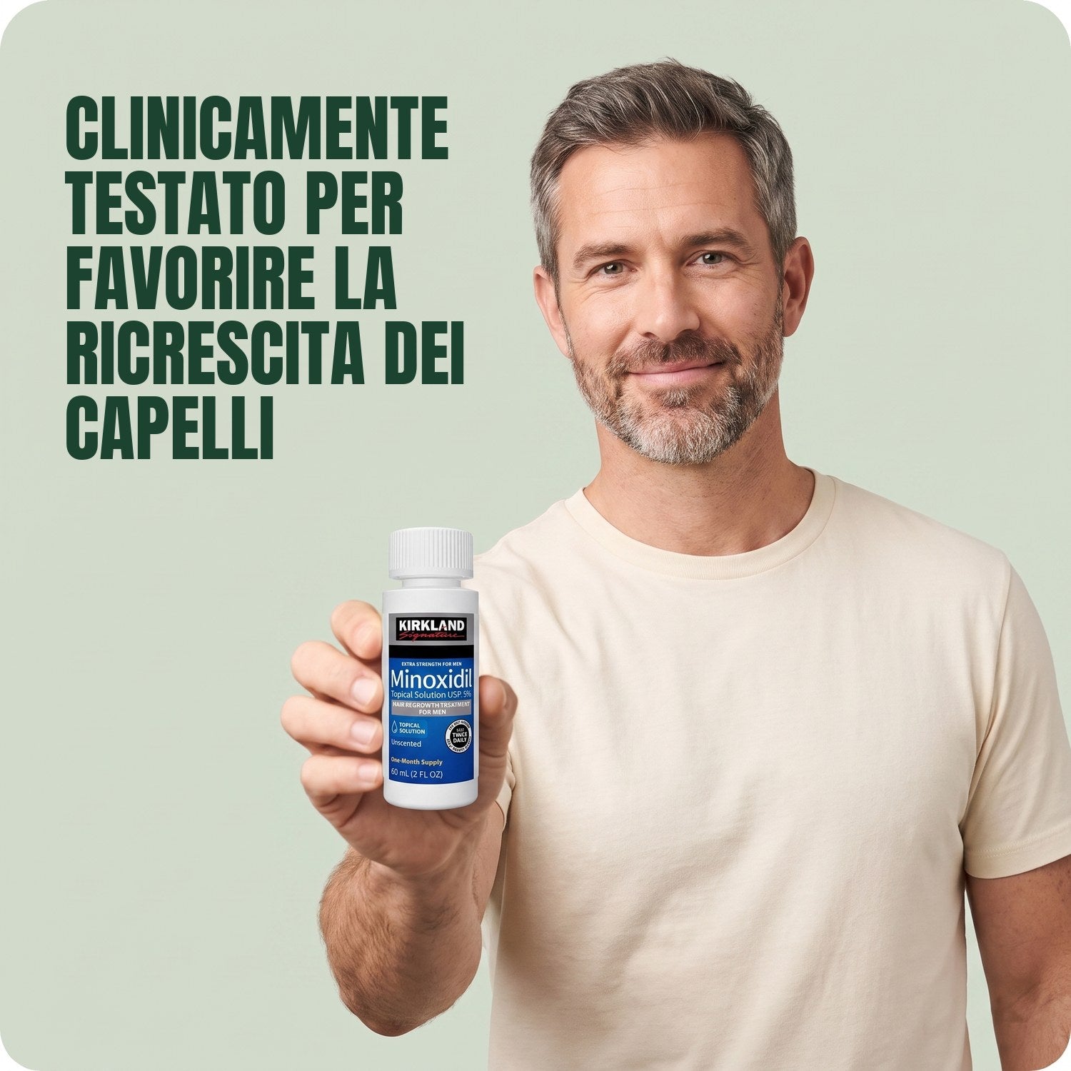 Man holding a Kirkland Signature Minoxidil 5% lotion bottle against a green background