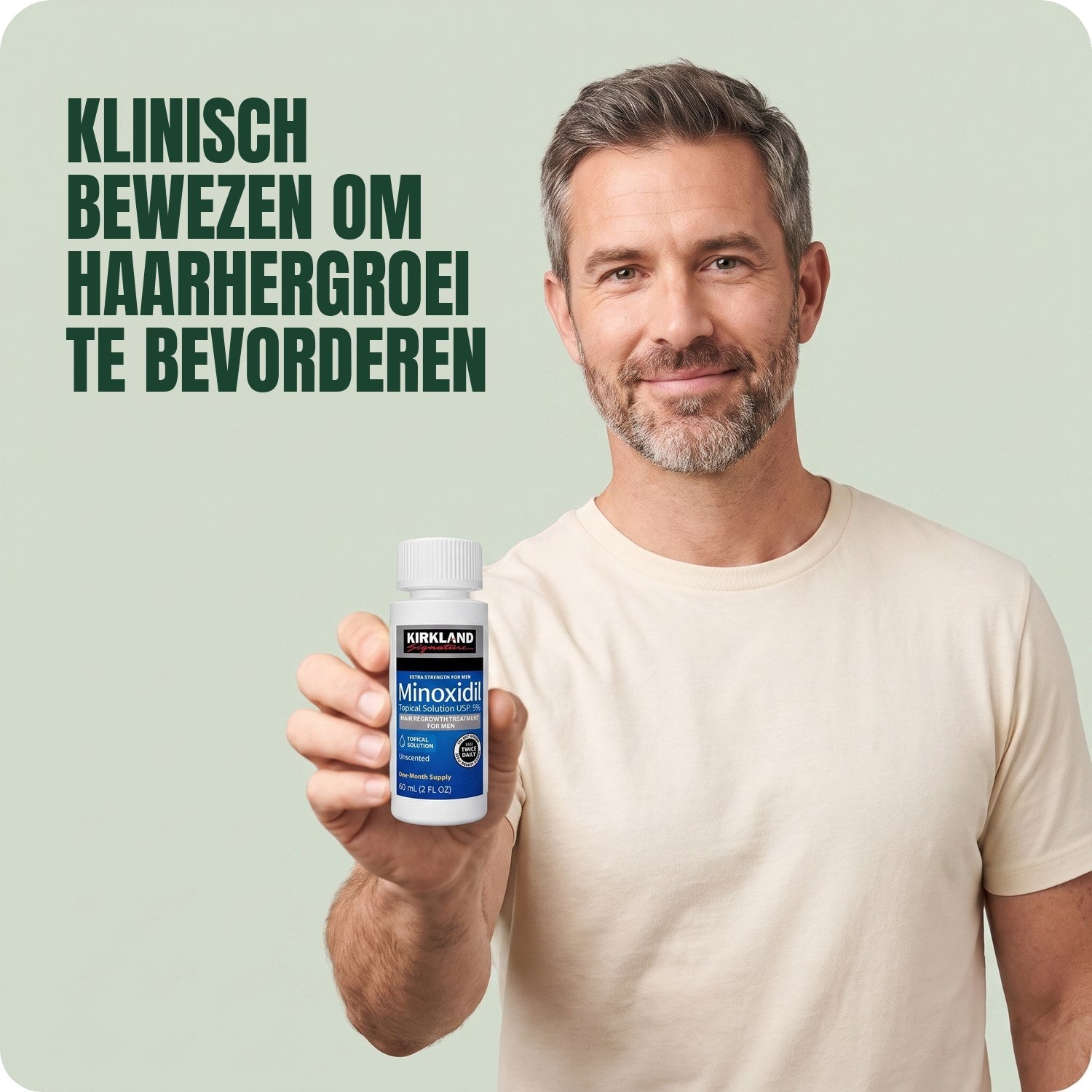 Man holding a Kirkland Signature Minoxidil 5% lotion bottle against a green background