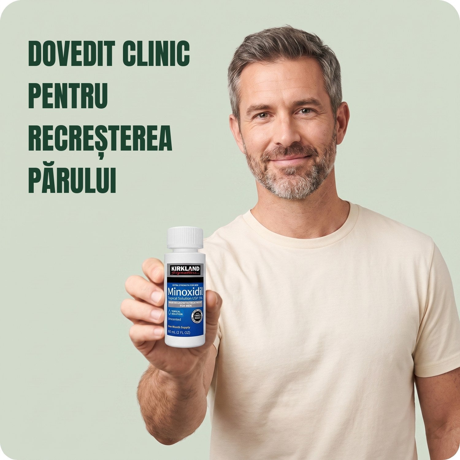 Bărbat ținând o sticlă de loțiune Kirkland Signature Minoxidil 5% pe fundal verde