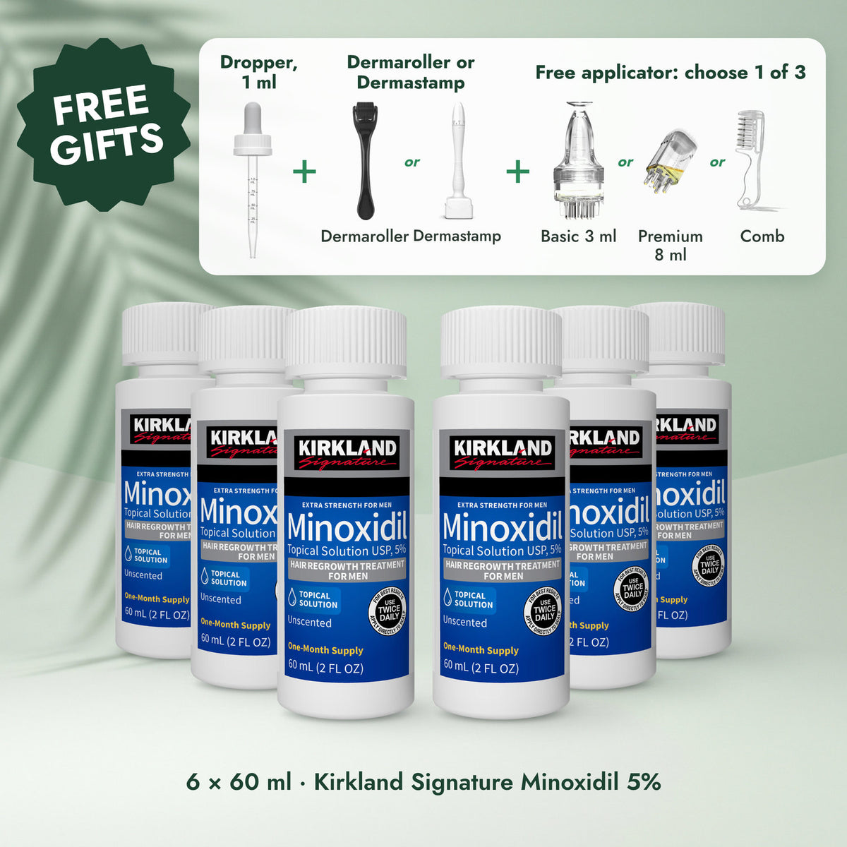 Kirkland Signature Minoxidil 5% lotion for men, 6 x 60 ml, with the dropper, a dermaroller or dermastamp and an applicator of your choice