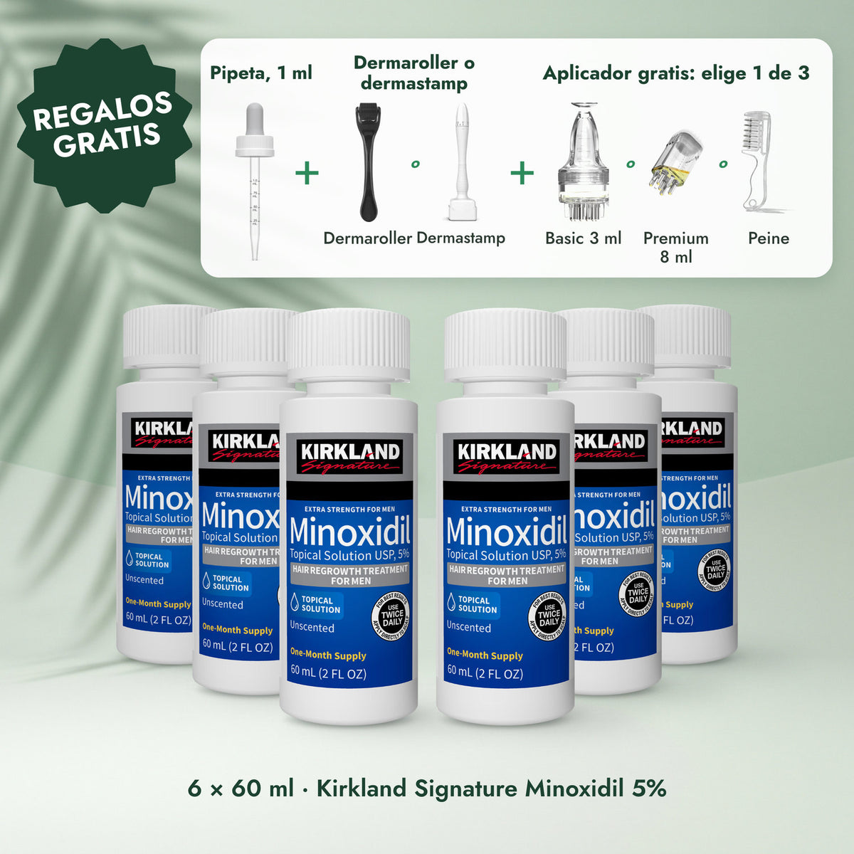 6 × 60 ml · Kirkland Signature Minoxidil 5%: Pipeta, 1 ml, Dermaroller o dermastamp, Aplicador a tu elección