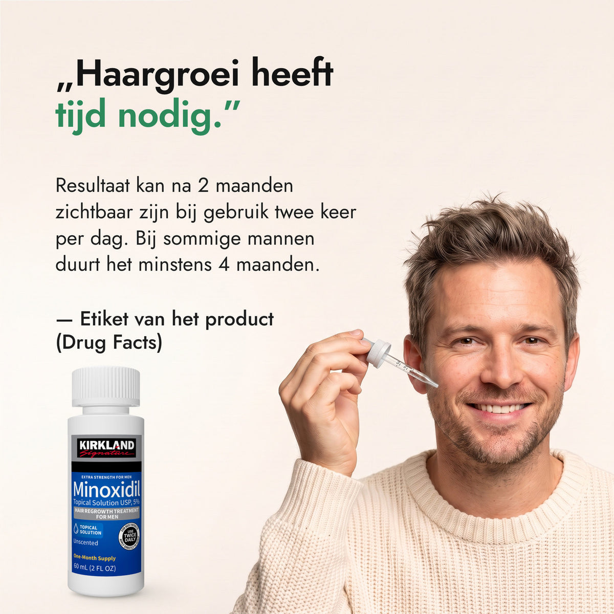 Haargroei heeft tijd nodig. — Etiket van het product (Drug Facts)