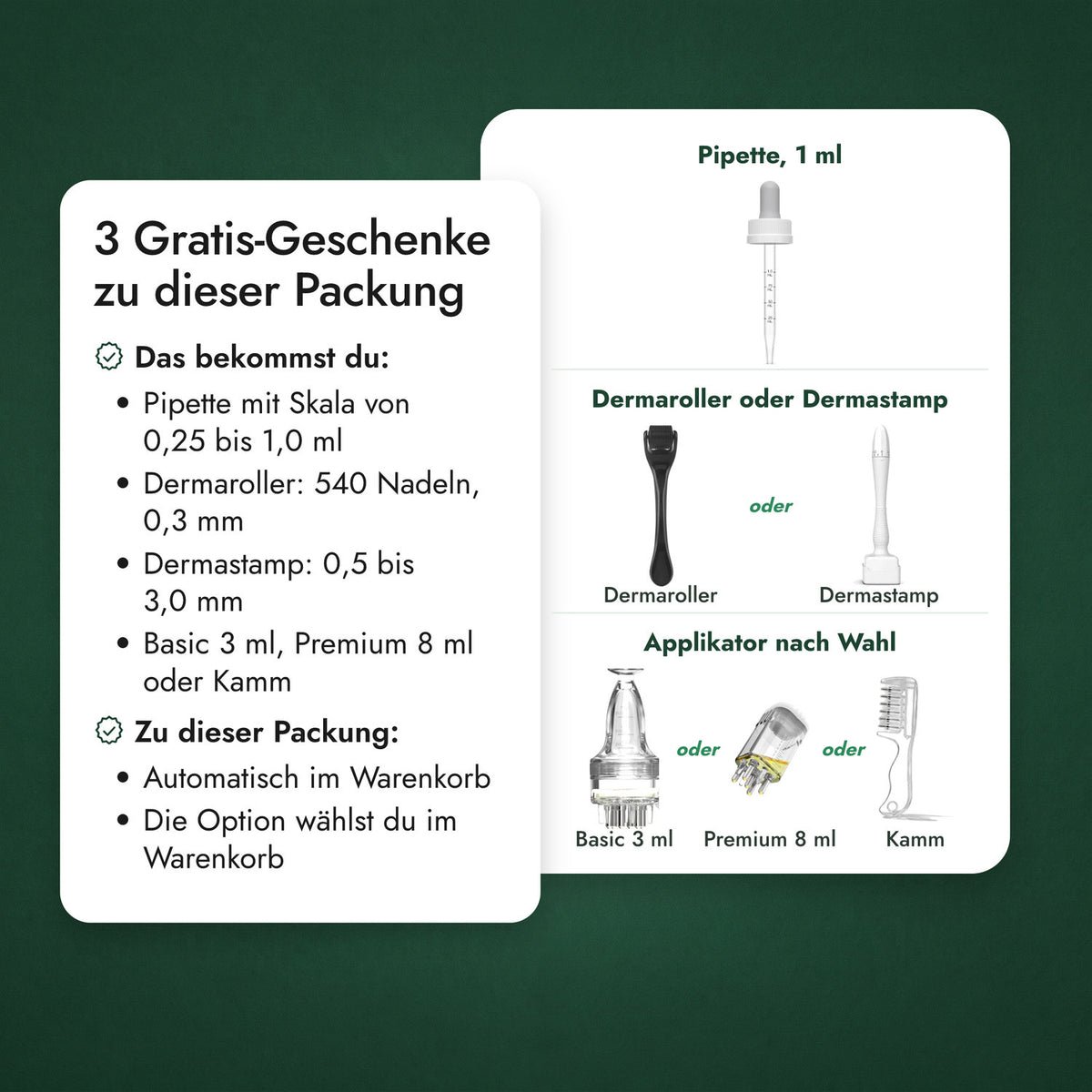 3 Gratis-Geschenke zu dieser Packung: Pipette, 1 ml, Dermaroller oder Dermastamp, Applikator nach Wahl