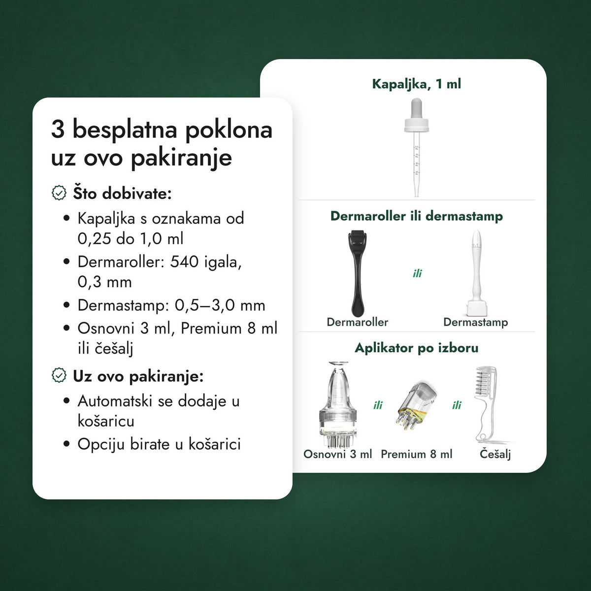 3 besplatna poklona uz ovo pakiranje: Kapaljka, 1 ml, Dermaroller ili dermastamp, Aplikator po izboru