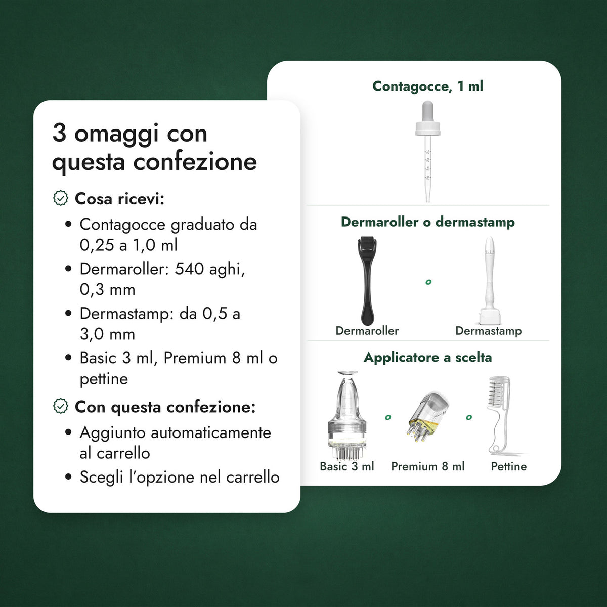 3 omaggi con questa confezione: Contagocce, 1 ml, Dermaroller o dermastamp, Applicatore a scelta