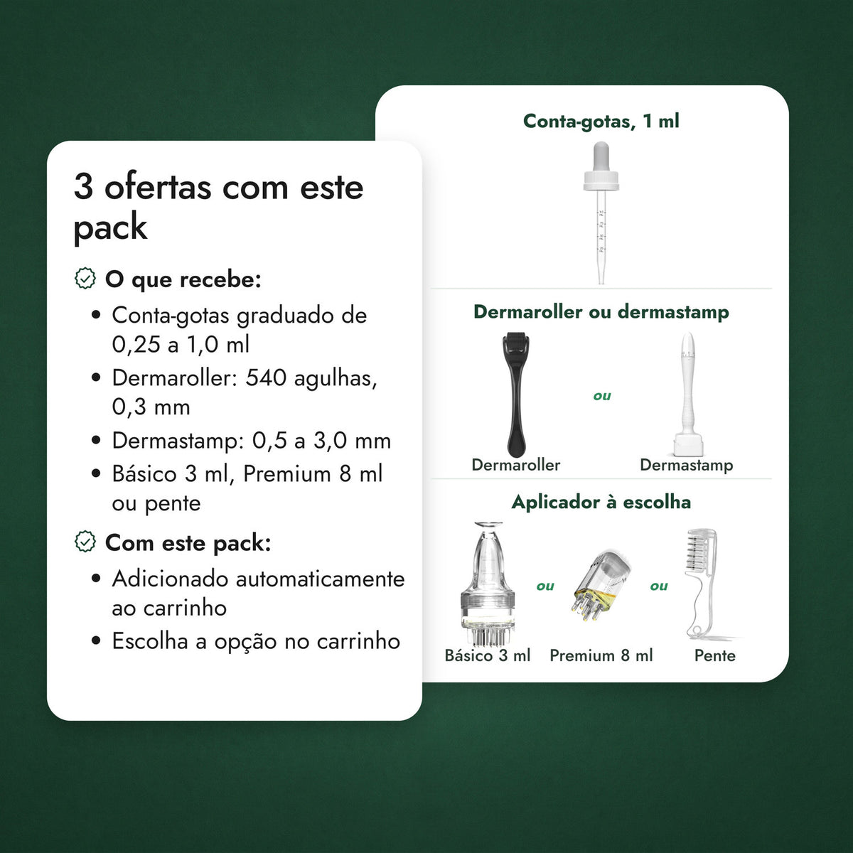 3 ofertas com este pack: Conta-gotas, 1 ml, Dermaroller ou dermastamp, Aplicador à escolha
