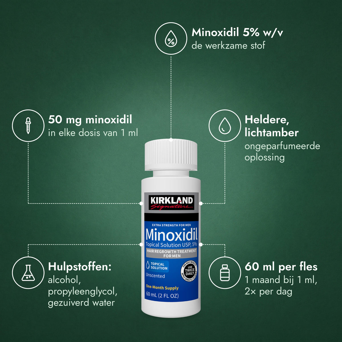 Kirkland Signature Minoxidil 5%: Minoxidil 5% w/v, 50 mg minoxidil, Heldere, lichtamber, Hulpstoffen: alcohol, propyleenglycol, gezuiverd water, 60 ml per fles