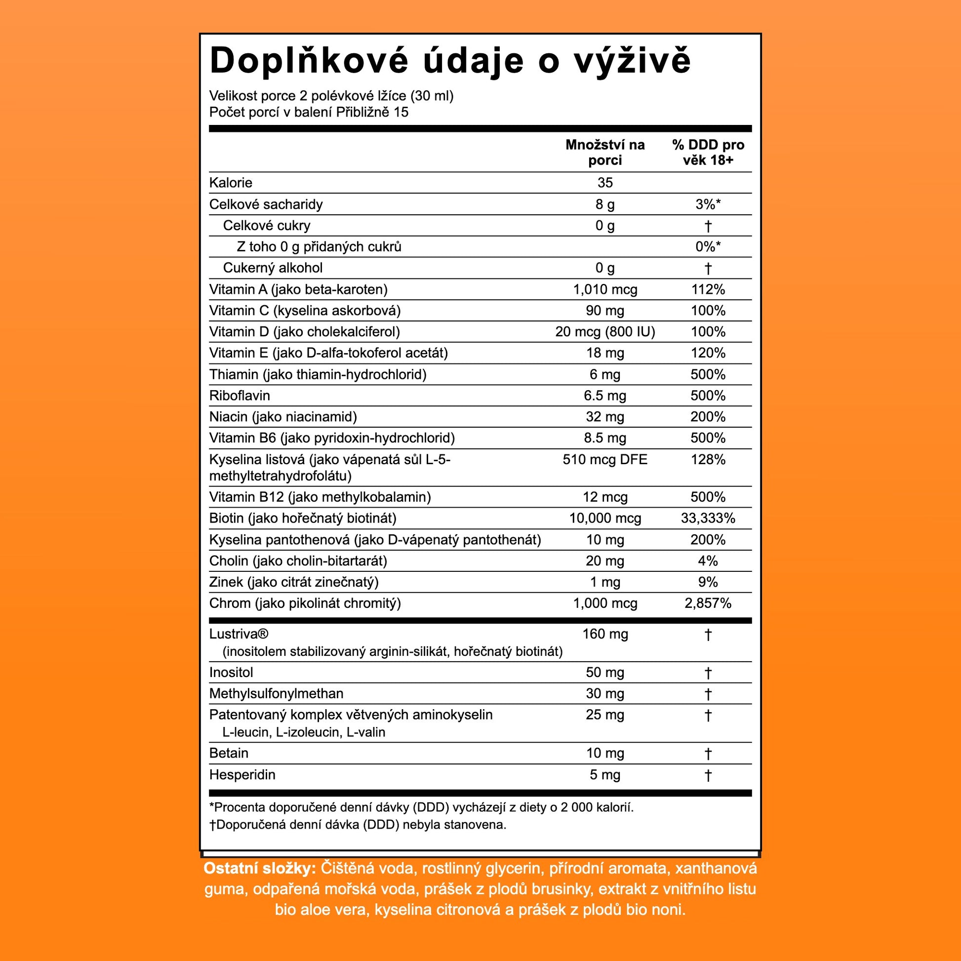 Tabulka výživových údajů pro MaryRuth Liquid Morning Multivitamin + Hair Growth, 15 dávek v balení