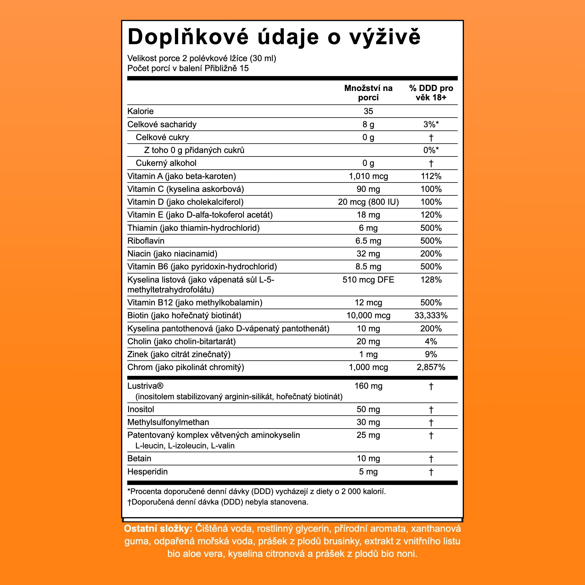 Tabulka výživových údajů pro MaryRuth Liquid Morning Multivitamin + Hair Growth, 15 dávek v balení