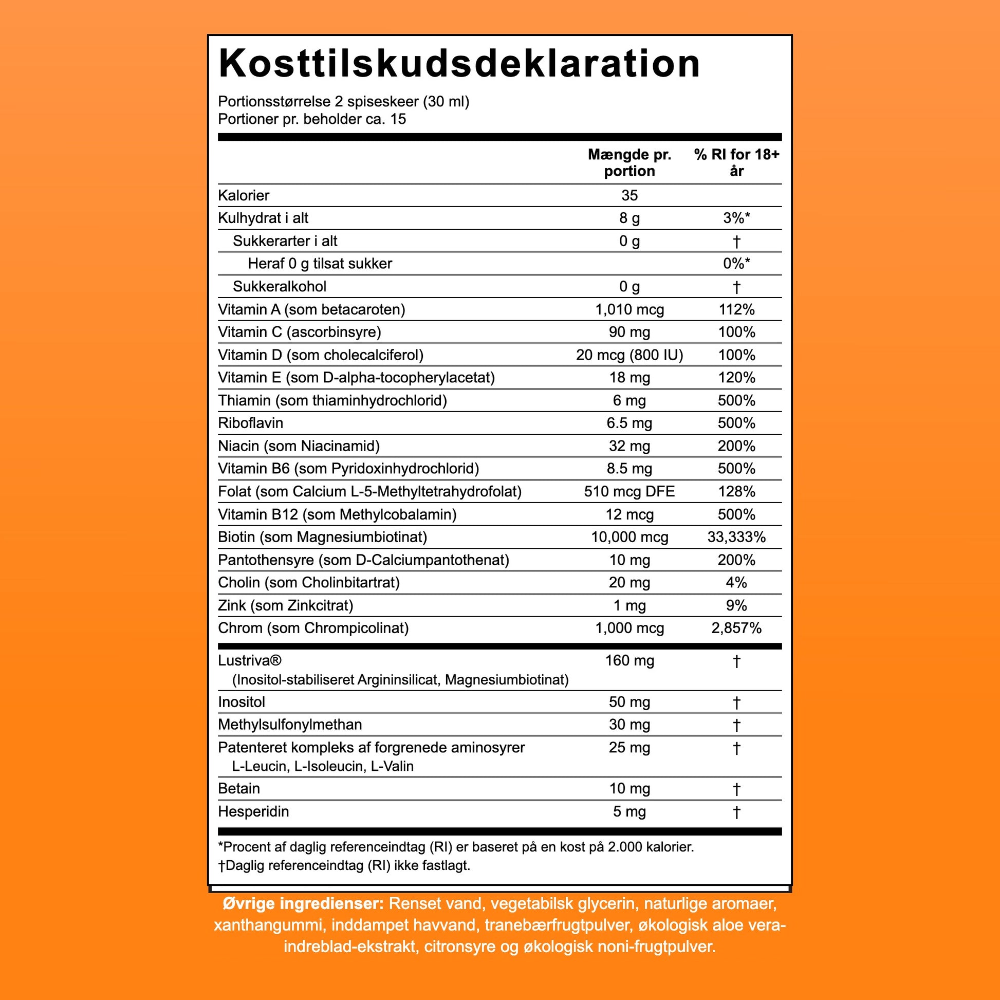 Indholdsdeklaration for MaryRuth Liquid Morning Multivitamin + Hair Growth, 15 portioner per beholder