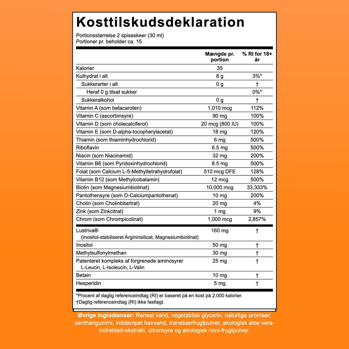 Indholdsdeklaration for MaryRuth Liquid Morning Multivitamin + Hair Growth, 15 portioner per beholder